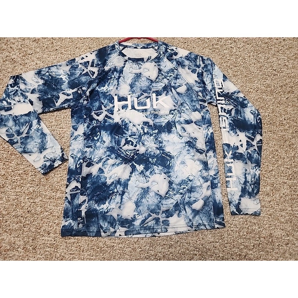 Huk Performance Fishing Shirt Mens Small Blue‎ Hydro Fracture Elements Mossy Oak